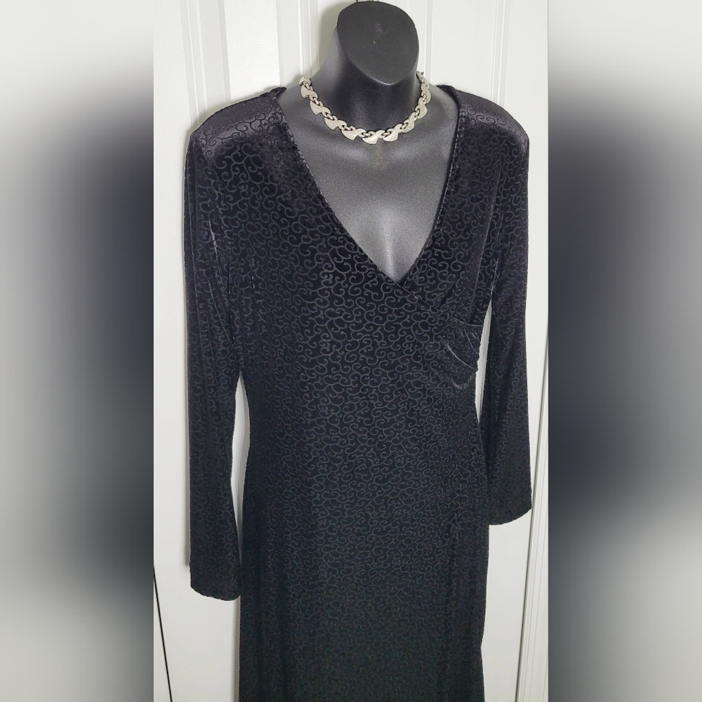 Womens Black Plush Velour Faux Wrap Dress Size S